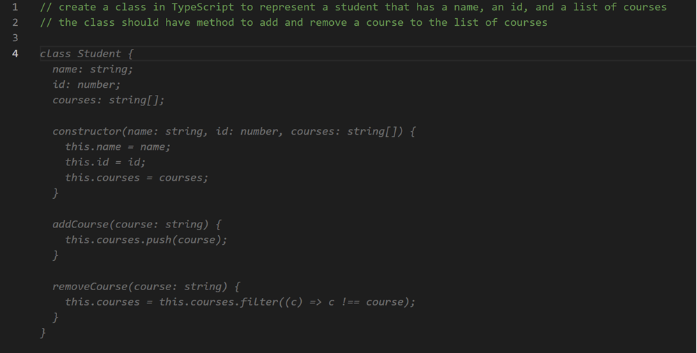 Use code comments to let Copilot generate a Student class in TypeScript with properties and methods.