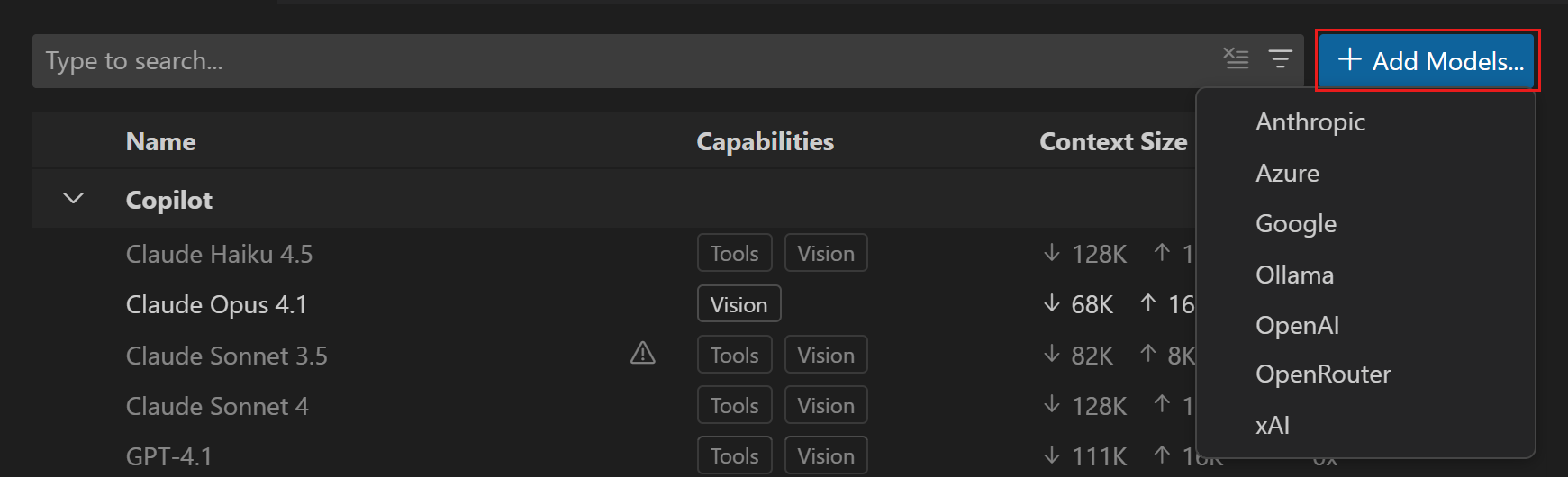 Screenshot that shows the model provider Quick Pick.