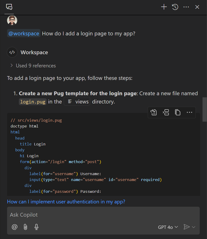 Copilot Chat provides step-by-step guidance about adding a page to an Express app