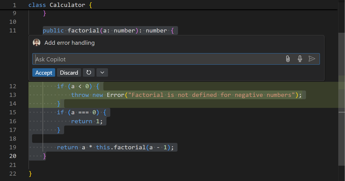 Copilot inline chat suggesting improvements to error handling