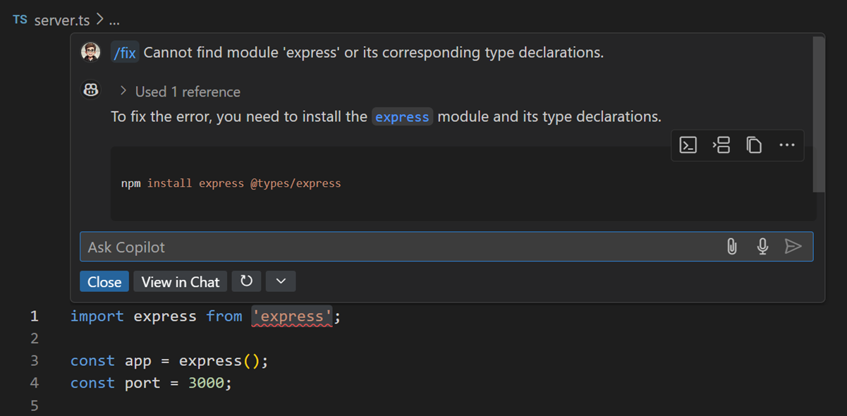 Inline chat /fix for an error proposing to install a missing library