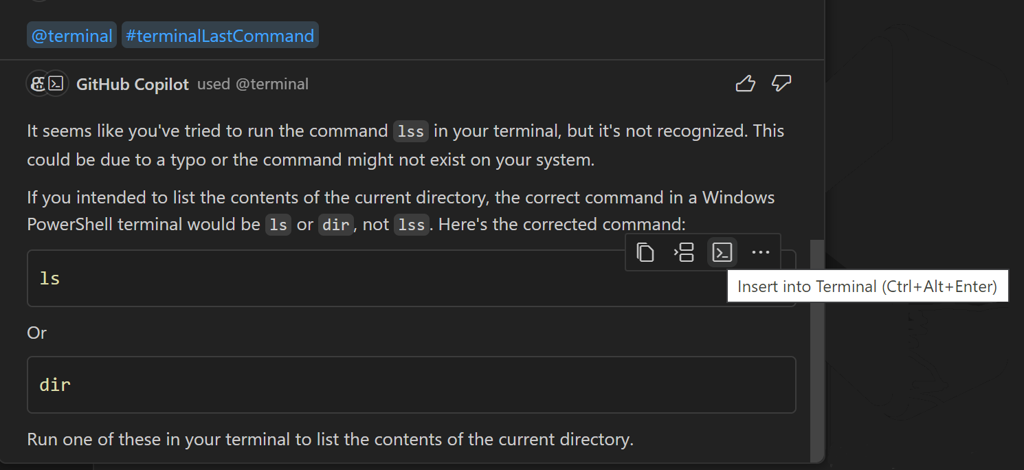 Quick Chat with @terminal #terminalLastCommand and Copilot's answer