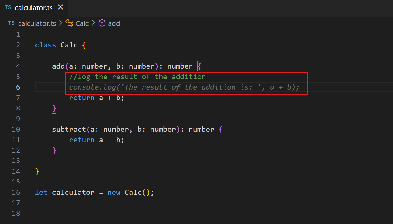 Copilot inline suggestion proposes Console.log when no imports in the file.