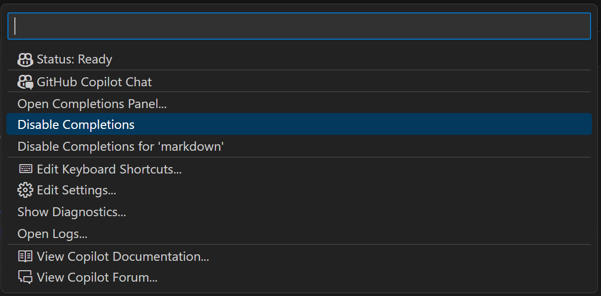 Copilot Status menu dropdown with Disable Completions selected