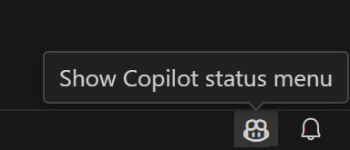 Hover over the Copilot Status bar item displays "Show Copilot status menu"