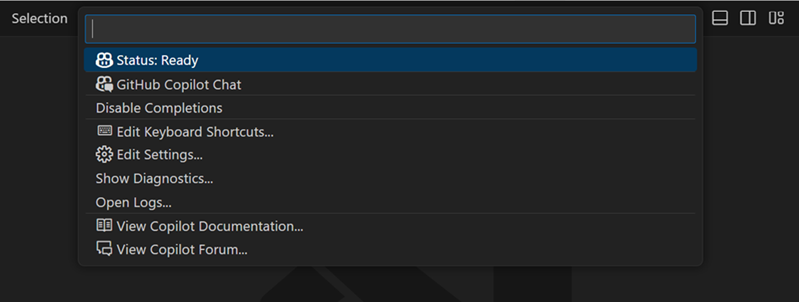 Screenshot showing the GitHub Copilot status menu in VS Code, indicating that the Copilot status is ready.