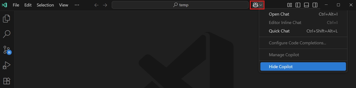 Screenshot that shows the Copilot menu in the VS Code title bar, with the option to hide Copilot.