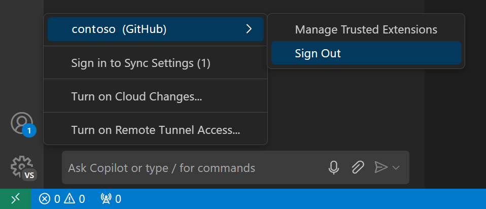Accounts menu in VS Code, showing the option to sign out of the current GitHub account.
