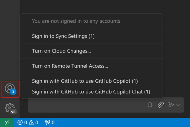 Accounts menu in VS Code, showing the option to sign in with GitHub to use GitHub Copilot.