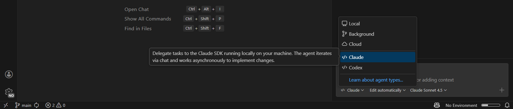 Screenshot showing session type dropdown with Claude agent option selected