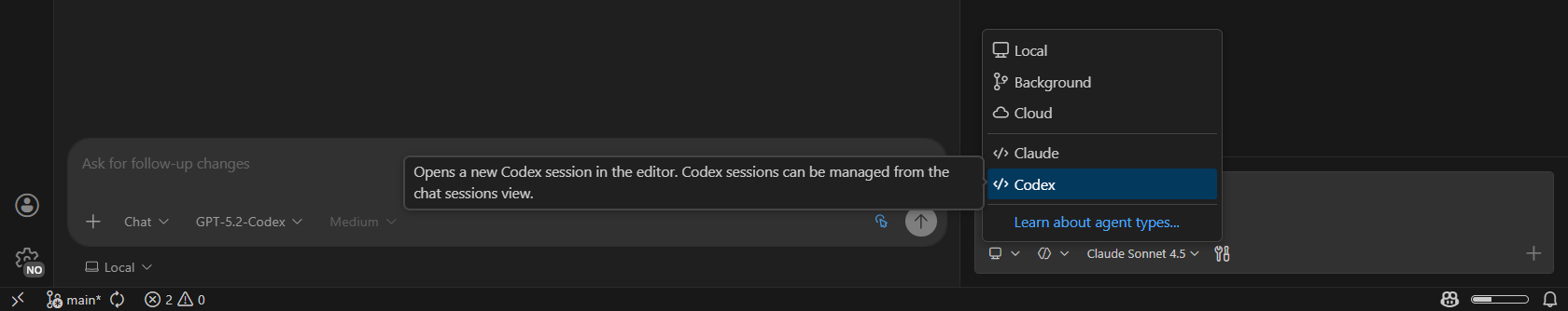 Screenshot showing session type dropdown with Codex agent option selected