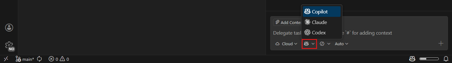 Screenshot showing cloud agent partner selection picker in chat input.