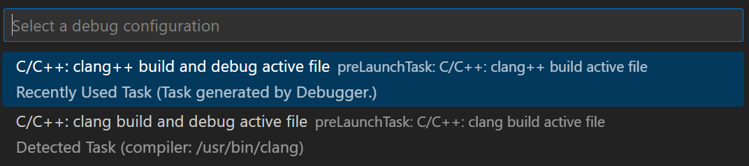 C++ debug configuration dropdown