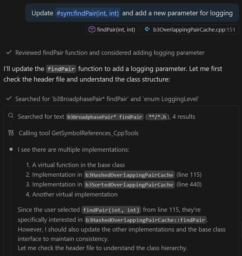 Screenshot of the Chat view, showing a prompt to update an existing function and add a parameter for logging, which invokes the get symbol references tool.