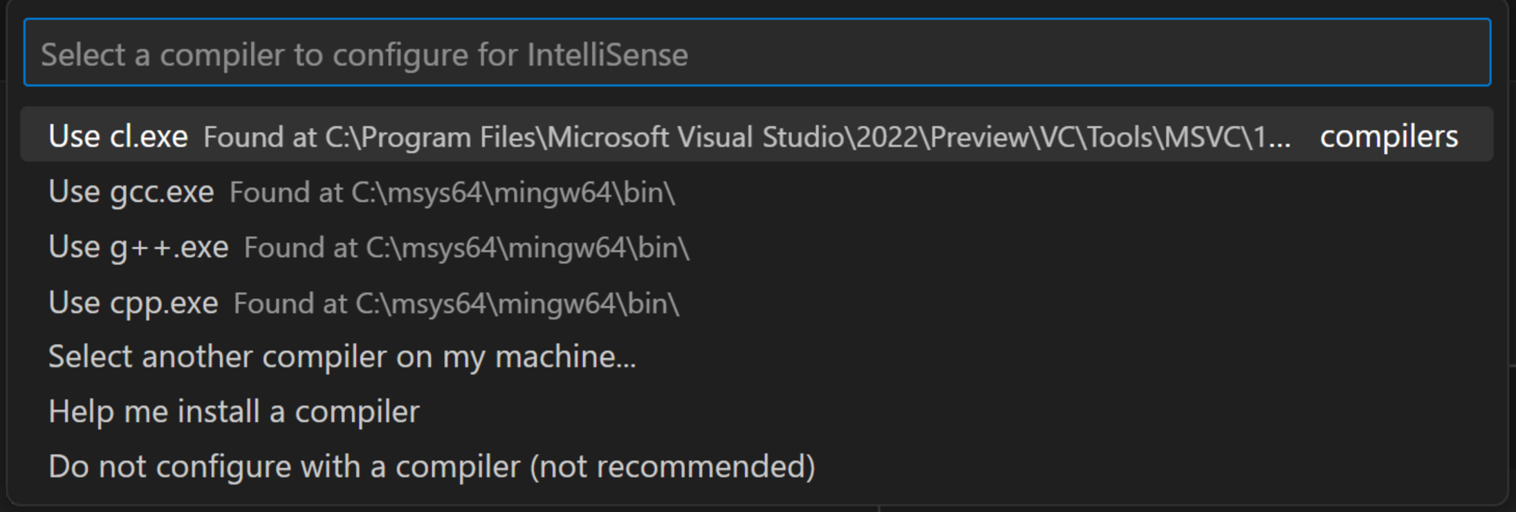 Select a compiler to configure for IntelliSense Quick Pick