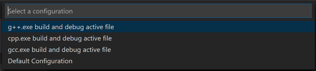 C++ debug configuration dropdown