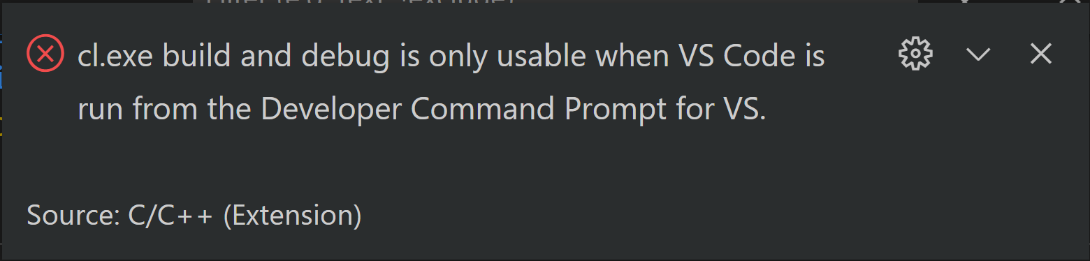 Error notification when trying to use MSVC without running VS Code from the Developer Command Prompt for VS
