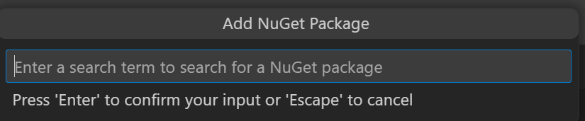 Screenshot showing command palette search bar with placeholder text that reads "Enter a search term to search for a NuGet package."