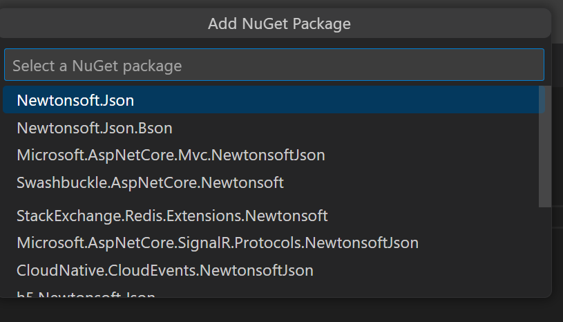 Screenshot showing quickpicks dropdown menu with placeholder text that reads: "Select a NuGet package". The quickpick options show a list of example NuGet packages to choose from.