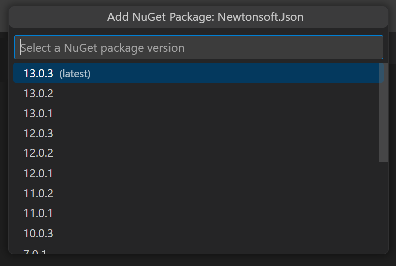 Screenshot showing quickpicks dropdown menu with placeholder text that reads: "Select a NuGet package version". The quickpick options show a list of example NuGet package versions to choose from.