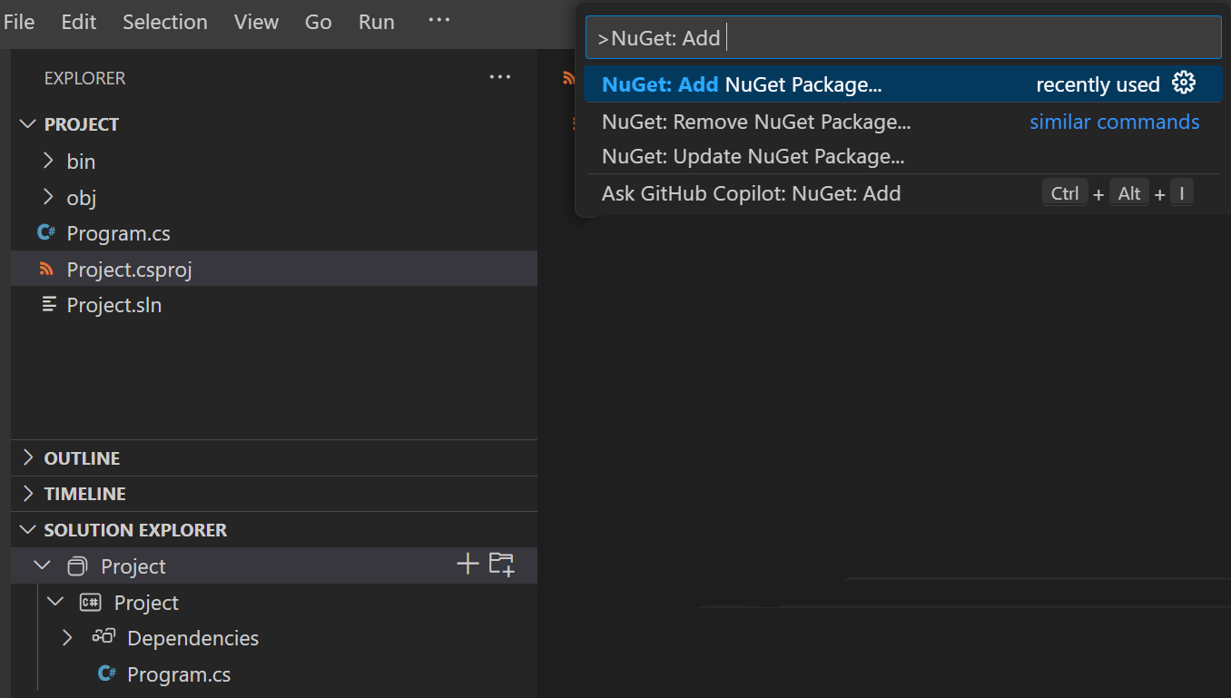 Screenshot showing command 'NuGet: Add NuGet Package' in the command palette 