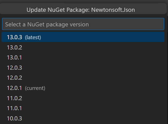 Screenshot showing quickpicks dropdown menu with placeholder text that reads: "Select a NuGet package version". The quickpick options show a list of example NuGet packages to choose from. There are indicators on the list to show which version is currently installed in the users project ("current"), and which is the latest available version ("latest")