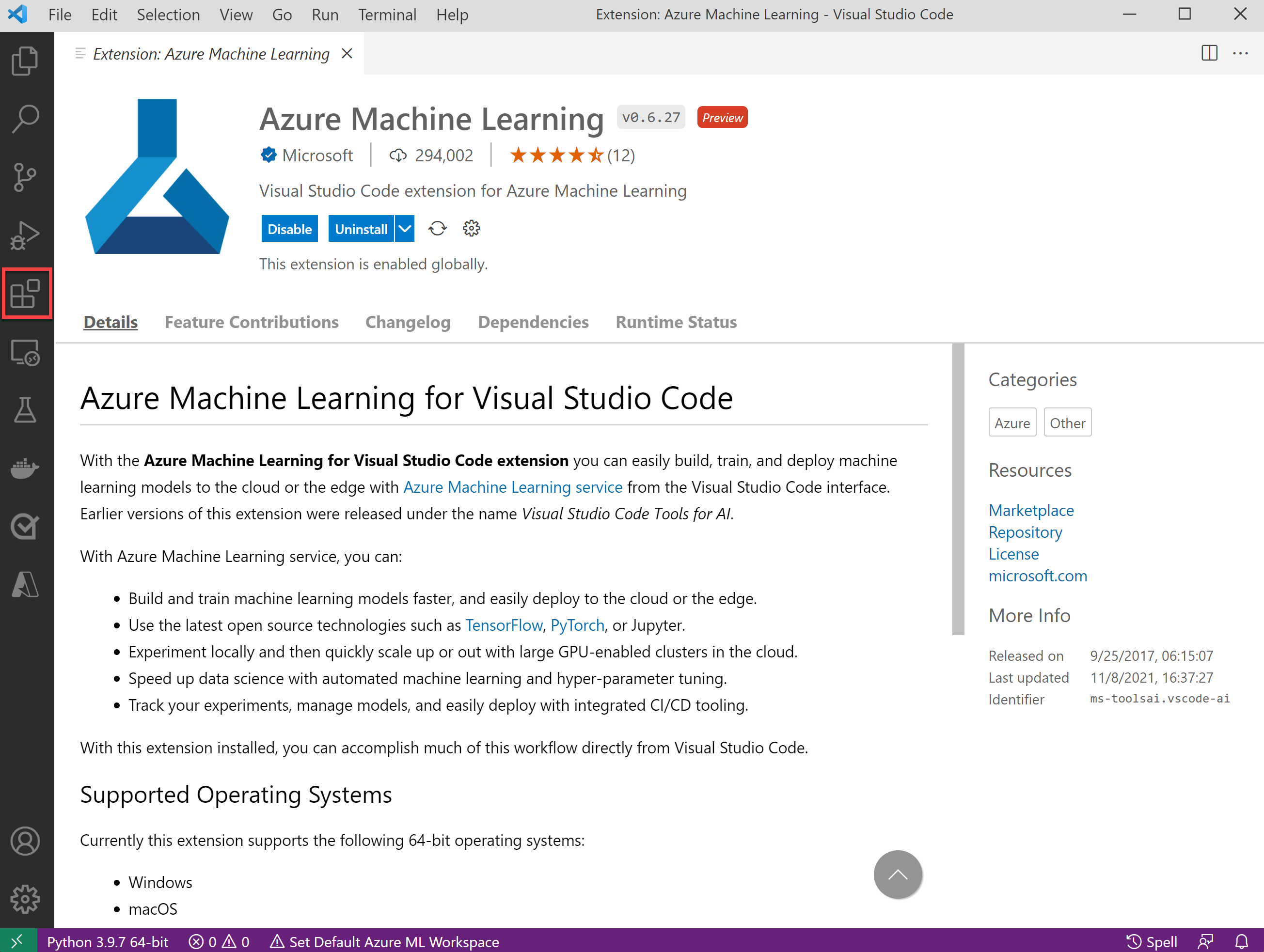 Azure Machine Learning Visual Studio Code extension view