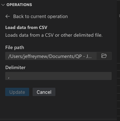 a screenshot showing the parameters you can set in Data Wrangler when opening directly from a file