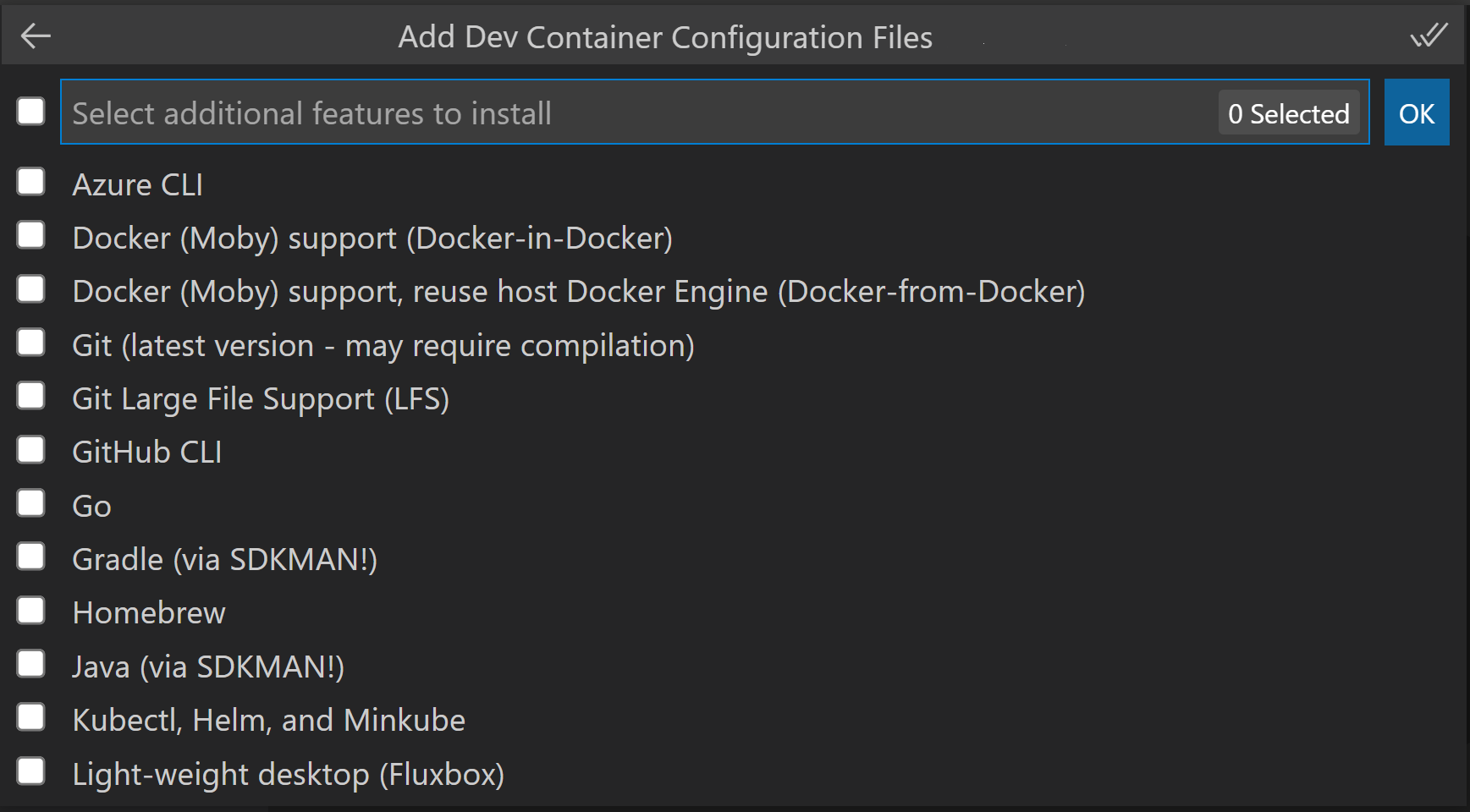 Dev container Features list drop down
