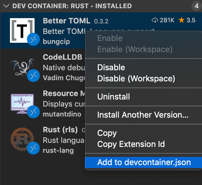 Add to devcontainer.json menu