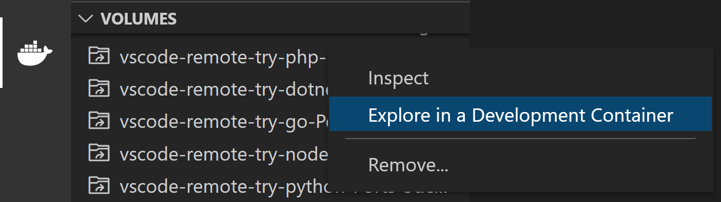 Explore in dev container in Docker context menu