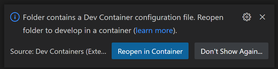 Dev container configuration file reopen notification