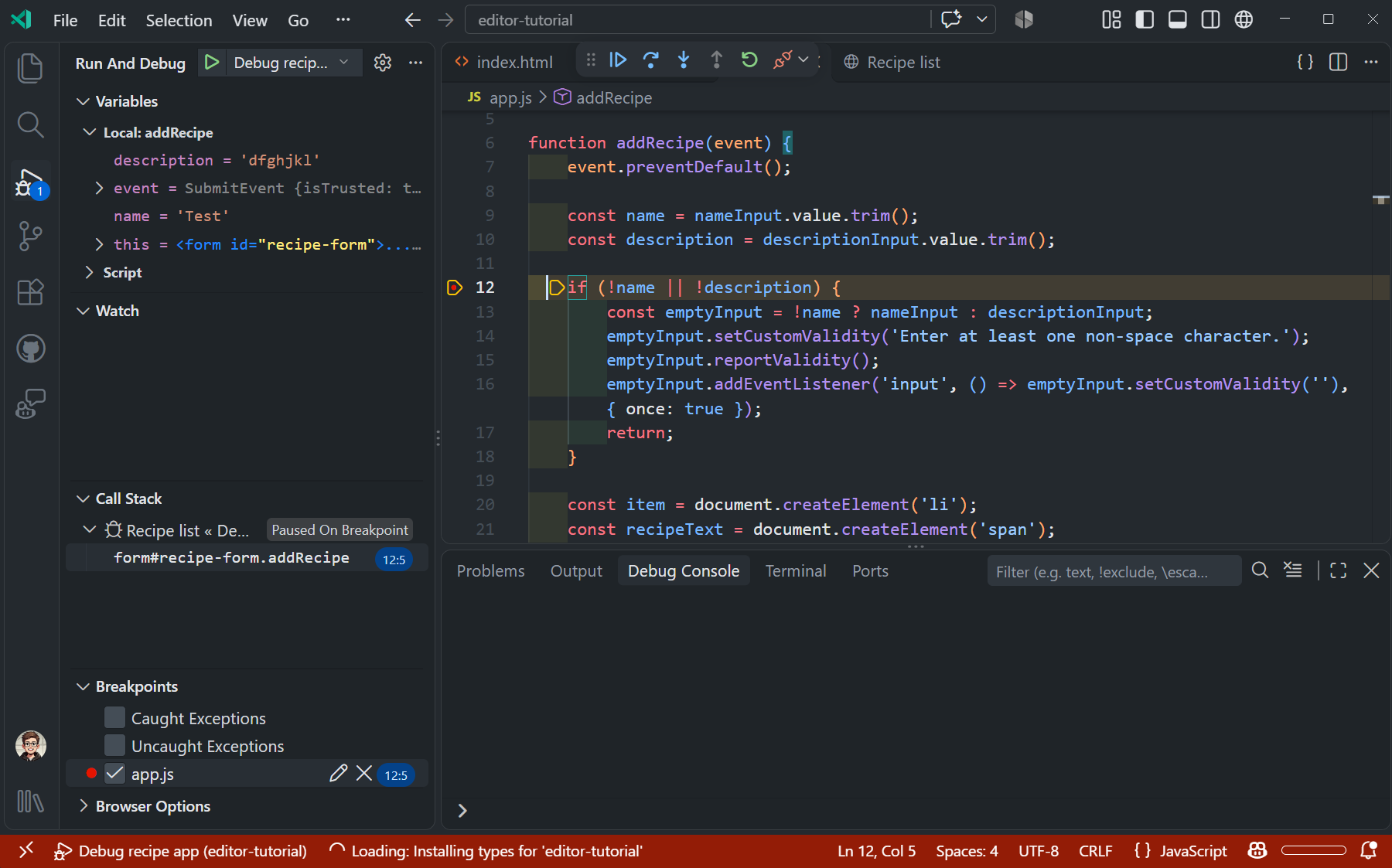 Screenshot of the debugger paused at the addRecipe breakpoint
