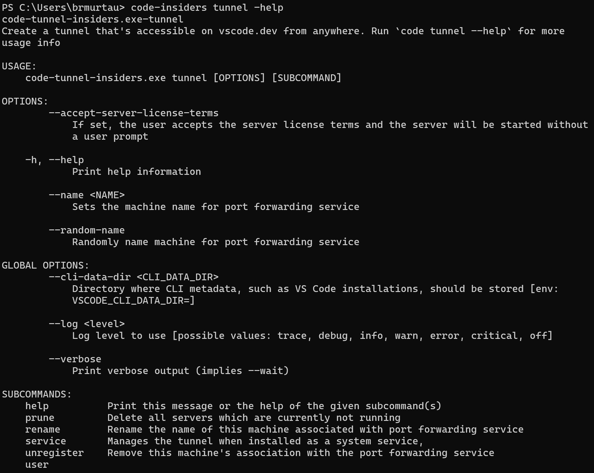 Output of tunnel help CLI command