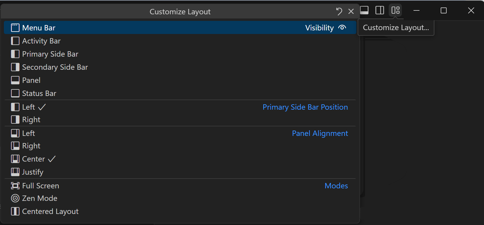 Customize Layout dropdown shown via the Customize Layout button in the title bar