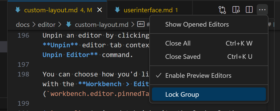 Lock Group command in the editor tool bar More Actions dropdown