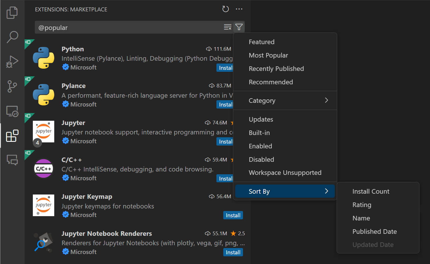 Extensions view filter context menu