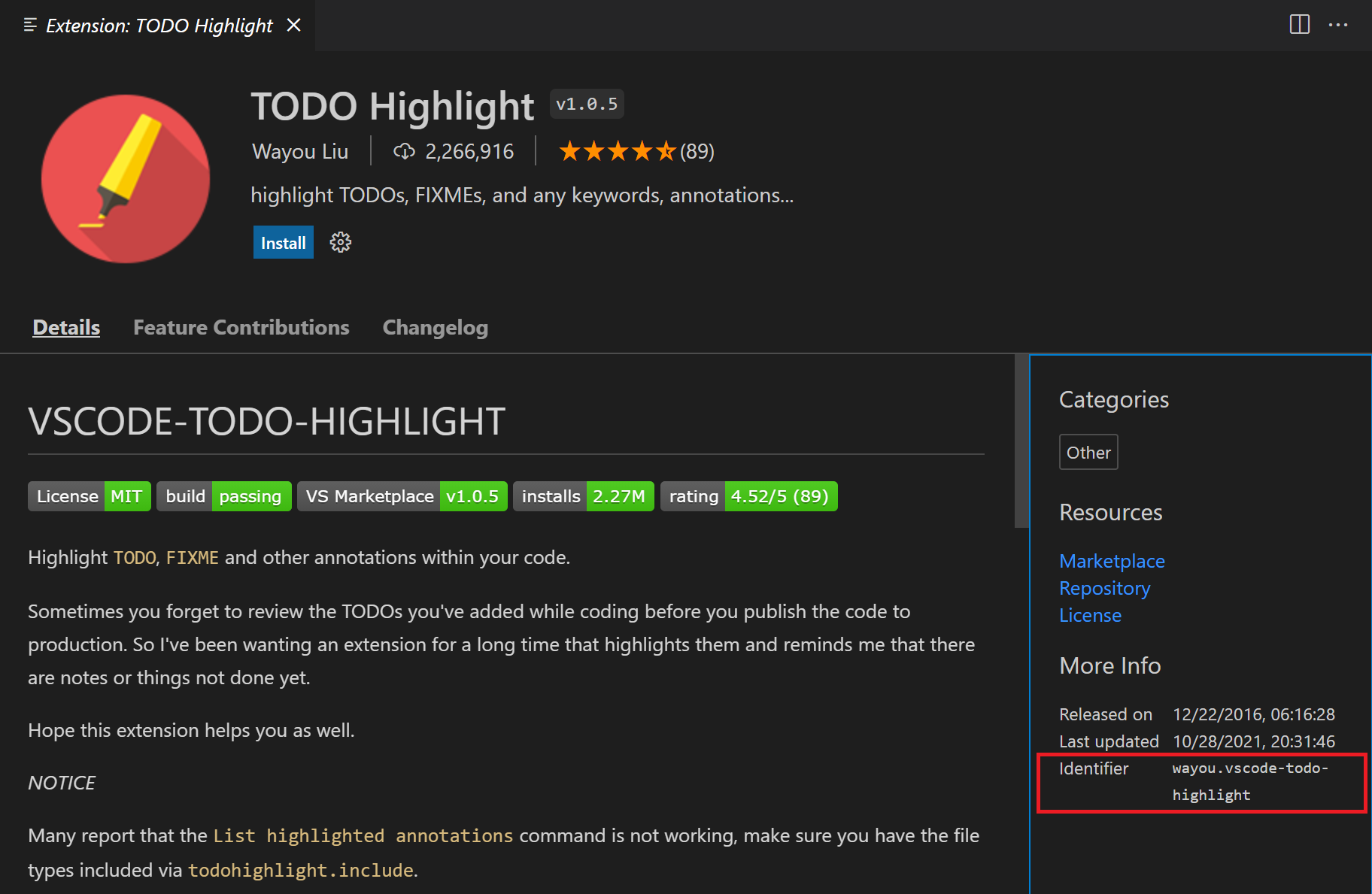 TODO Highlight extension details with extension ID highlighted