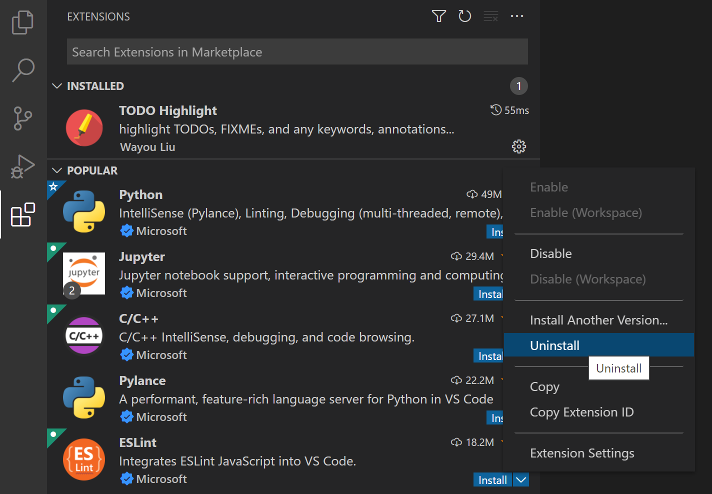 Managing Extensions in Visual Studio Code