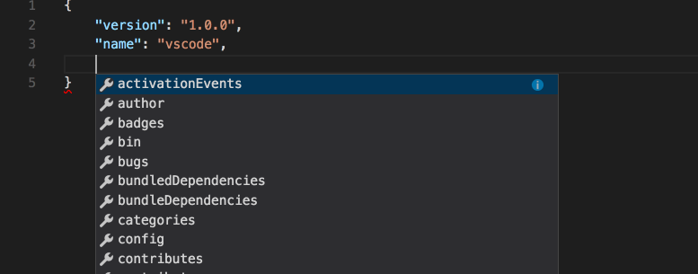 intellisense im Paket json