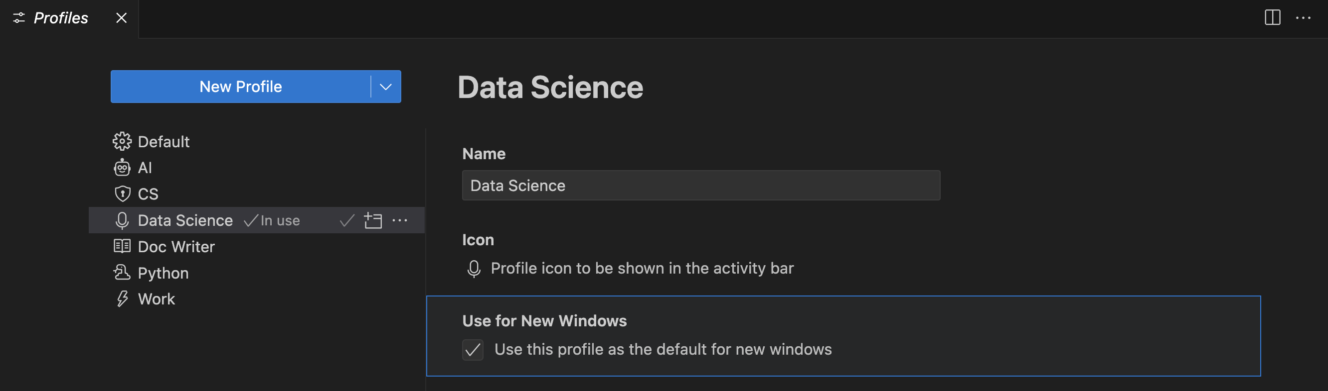 Configure custom profile for new window