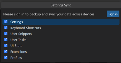 Settings Sync configure dialog