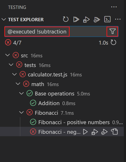 Test Explorer view with filtering options