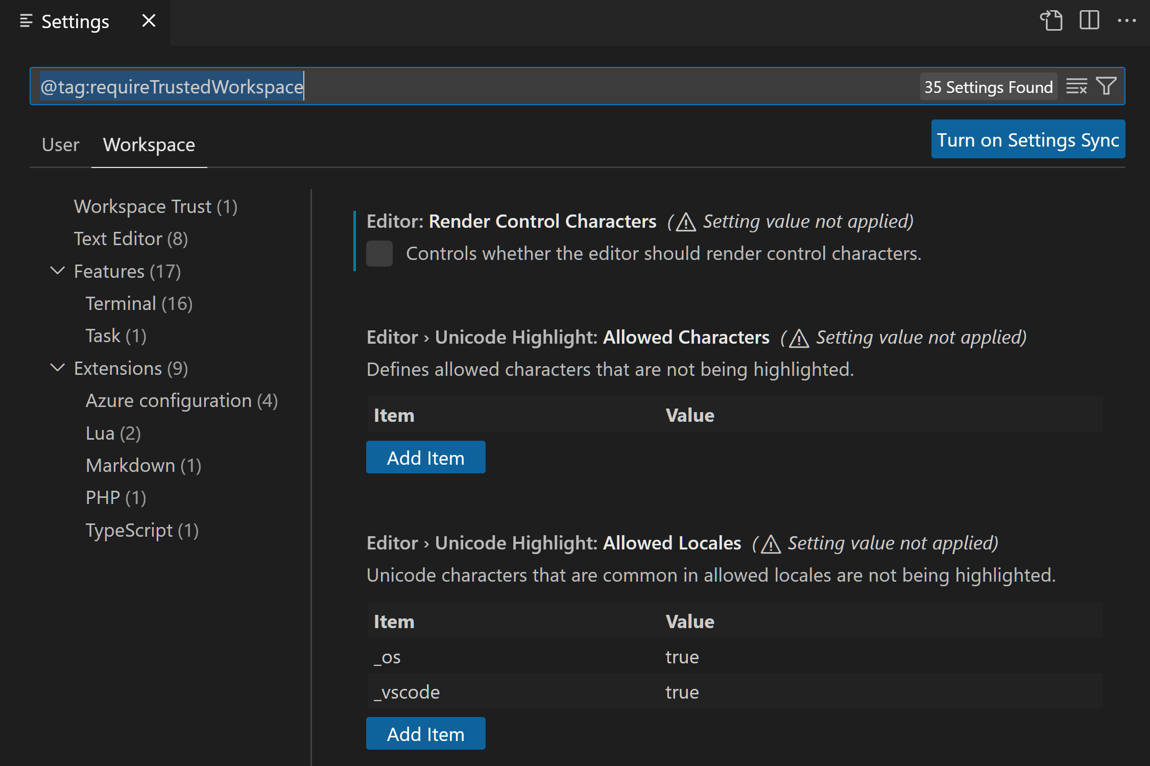 Settings editor scoped by the requireTrustedWorkspace tag