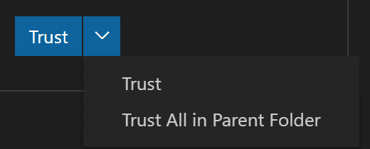Workspace Trust button dropdown showing Trust All in Parent Folder