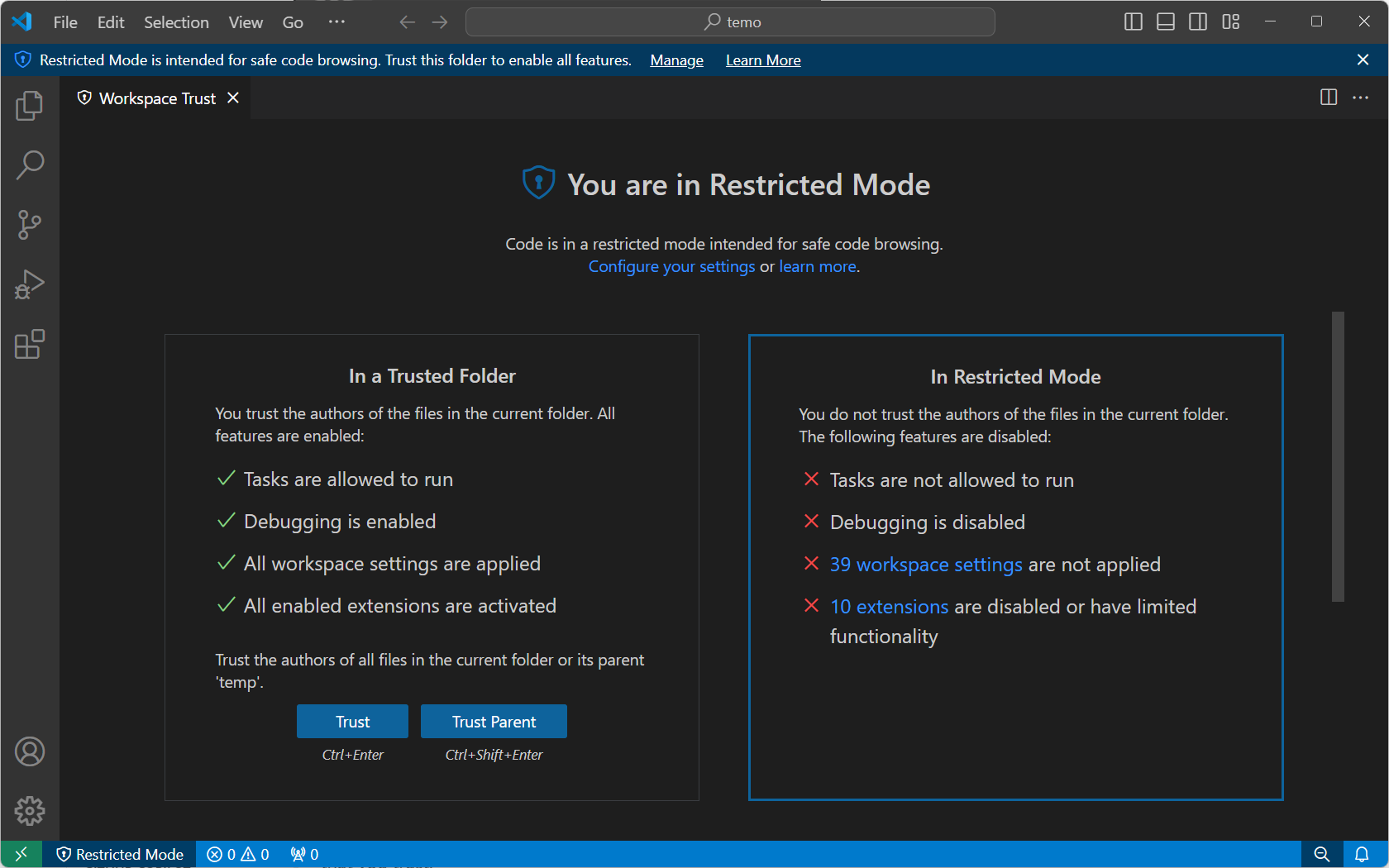 Visual Studio Code Workspace Trust security