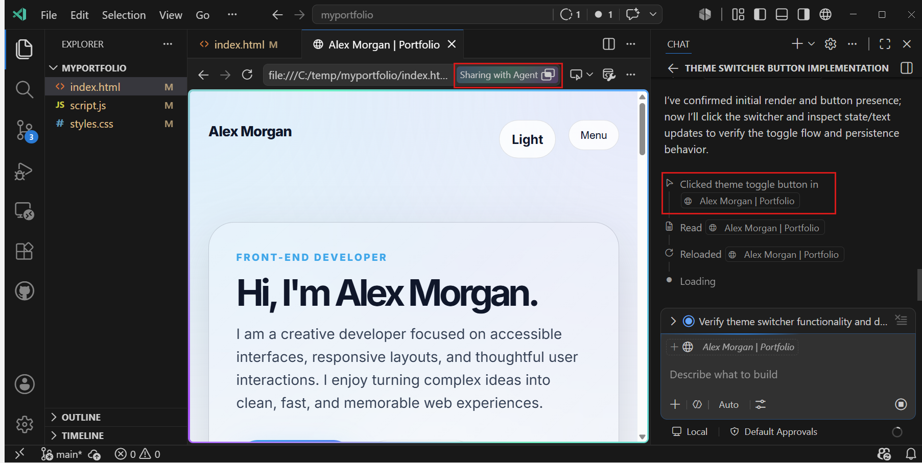 Screenshot of the agent opening the integrated browser for previewing and validating its changes.