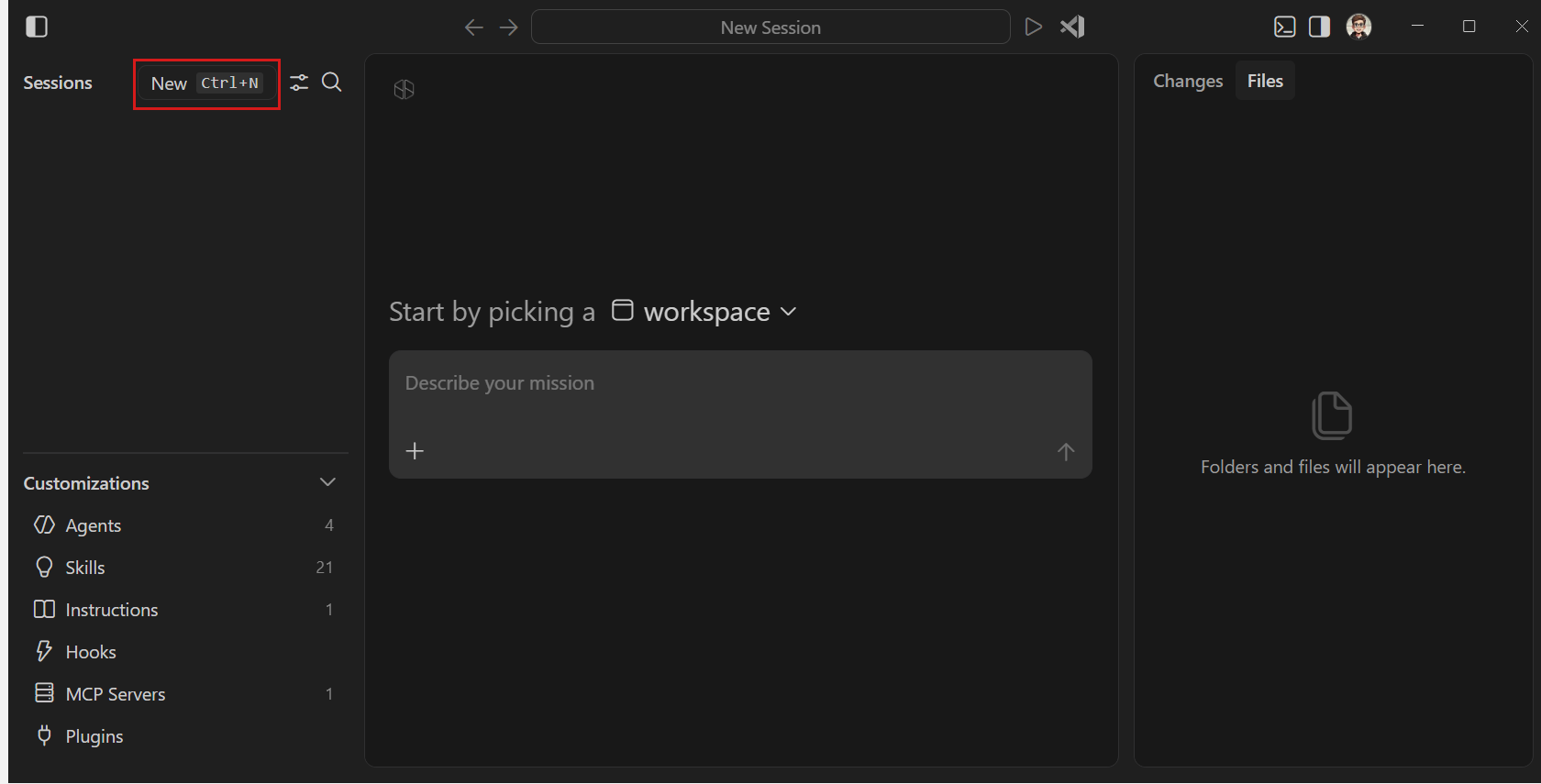 Screenshot of the New button in the Agents window sidebar.