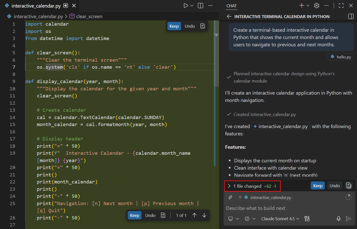 Screenshot that shows the AI generating code in response to a prompt in the Chat view.