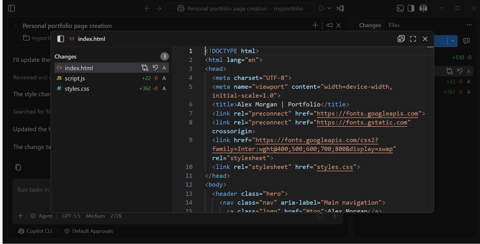 Screenshot of the diff view showing the changes made by the agent to a file.
